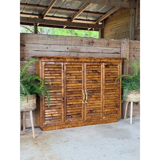 Vintage Bamboo Wall-Mounted Bar Cabinet With Accordion Doors & Mermaid Handles For Sale - Image 12 of 12
