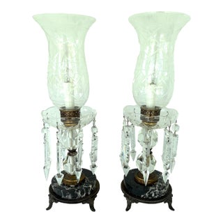 Pair of Vintage Crystal Prism Boudoir Lamps With Marble Bases and Etched Glass Shades For Sale