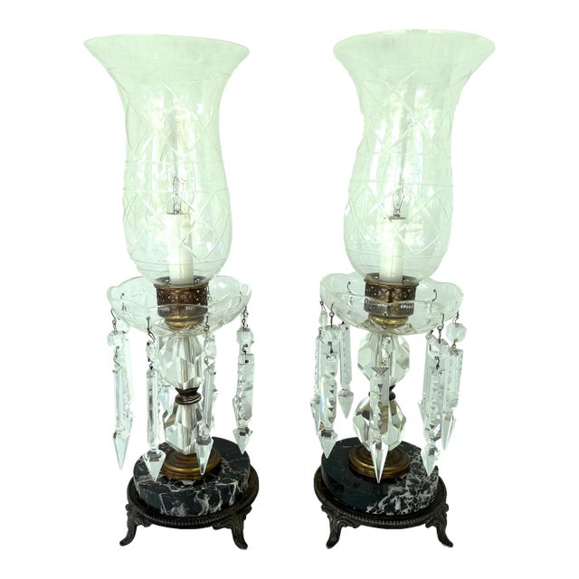 Pair of Vintage Crystal Prism Boudoir Lamps With Marble Bases and Etched Glass Shades For Sale