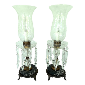 Pair of Vintage Crystal Prism Boudoir Lamps With Marble Bases and Etched Glass Shades