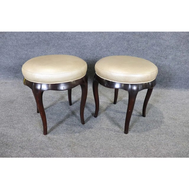 Early 21st Century Pair of Barbara Barry for Baker Round Vanity Stools With Leather Upholstery and Sculpted Wood Bases For Sale - Image 5 of 7