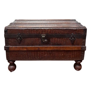 Antique 1920’s Crocodile Leather Steamer Trunk Coffee Table For Sale