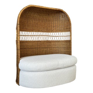 1970’s Coastal Modern Canopy Hooded Wicker Settee Loveseat Custom Upholstered For Sale