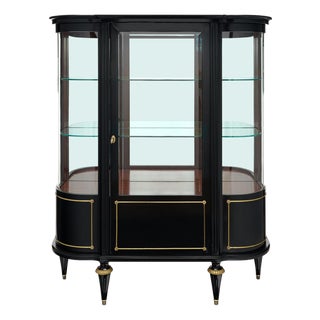 French Louis XVI Style Ebonized Curved Glass Vitrine Display Cabinet, Circa 1900 For Sale