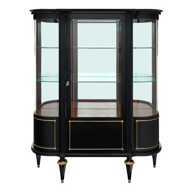 French Louis XVI Style Ebonized Curved Glass Vitrine Display Cabinet, Circa 1900 For Sale