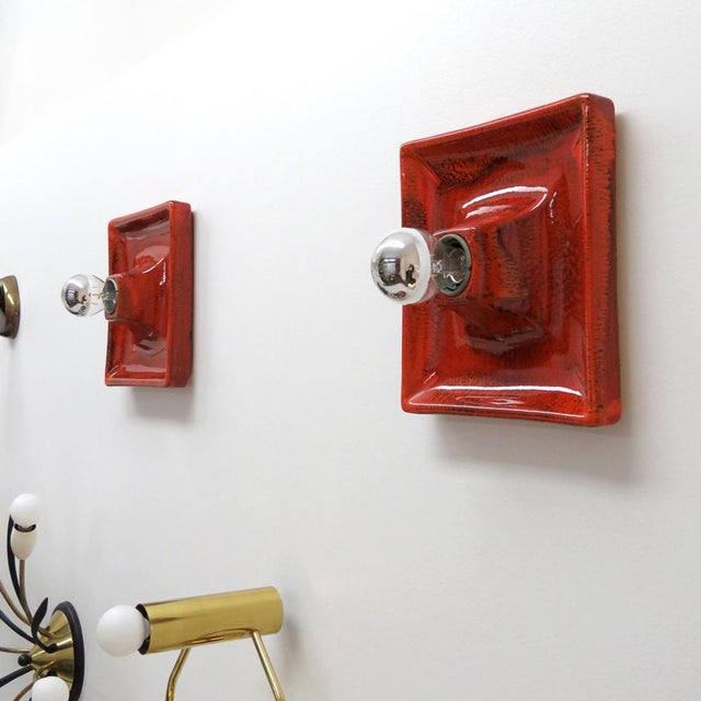 Kaiser Leuchten Vintage Wall Lights, Red Ceramics, Germany, 1970 For Sale In Los Angeles - Image 6 of 11