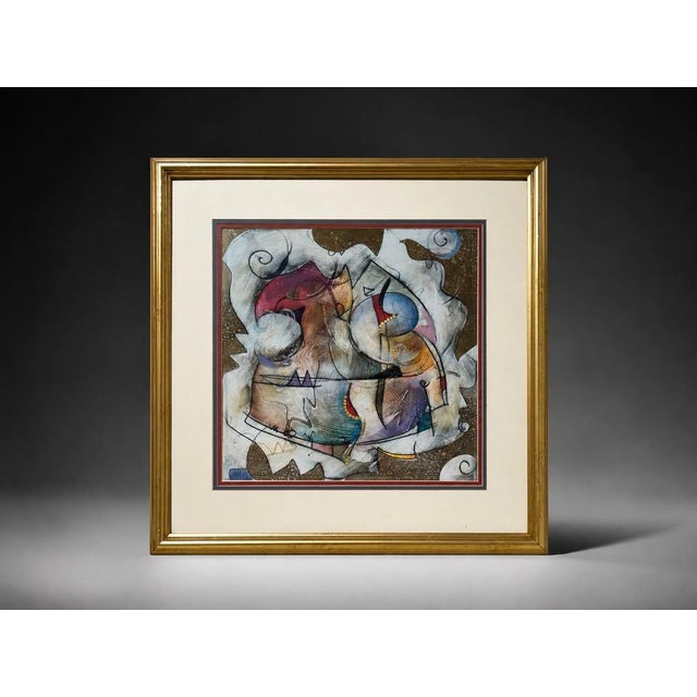 Colorful Abstract Mixed Media Artwork in Gold Frame For Sale - Image 4 of 4