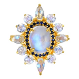 Kai Moonstone Sapphire Cocktail Ring in 14k Solid Gold, size 5.5 For Sale