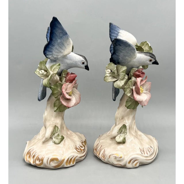 Ceramic Pair of Vintage English Copeland Porcelain Bird Figurines — Bluebirds With Pink Blossoms — European / Cottagecore / Romantic For Sale - Image 7 of 14