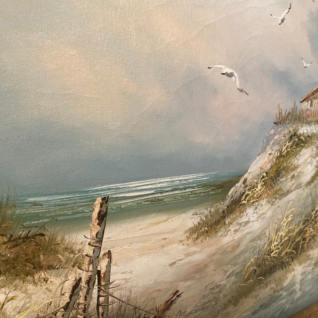 Mid 20th Century Mid-Century Coastal Dune Seascape Oil Painting in Substantial Wood Frame - Signed Lionel For Sale - Image 5 of 12
