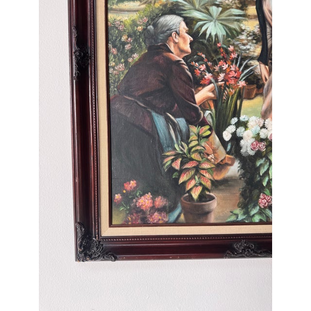 Wood 1970s Vintage Bruce Figurative Floral Market Scene Oil on Canvas Painting For Sale - Image 7 of 10
