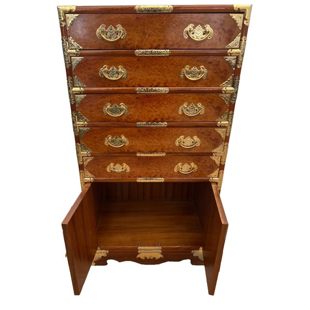 Asian Vintage Korean Elm Burl Brass Bound Bandaji Scholars Chest Wedding Cabinet Felt For Sale - Image 3 of 11