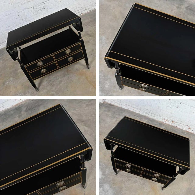 Mid-20th Century Regency Style Drexel Black & Gold Drop Leaf Rolling Server Dry Bar Beverage Cart For Sale - Image 6 of 13