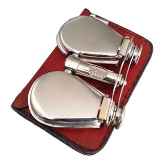 Vintage Nickel Plated Brass Folding Binoculars With Leather Case For Sale