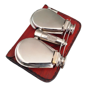 Vintage Nickel Plated Brass Folding Binoculars With Leather Case