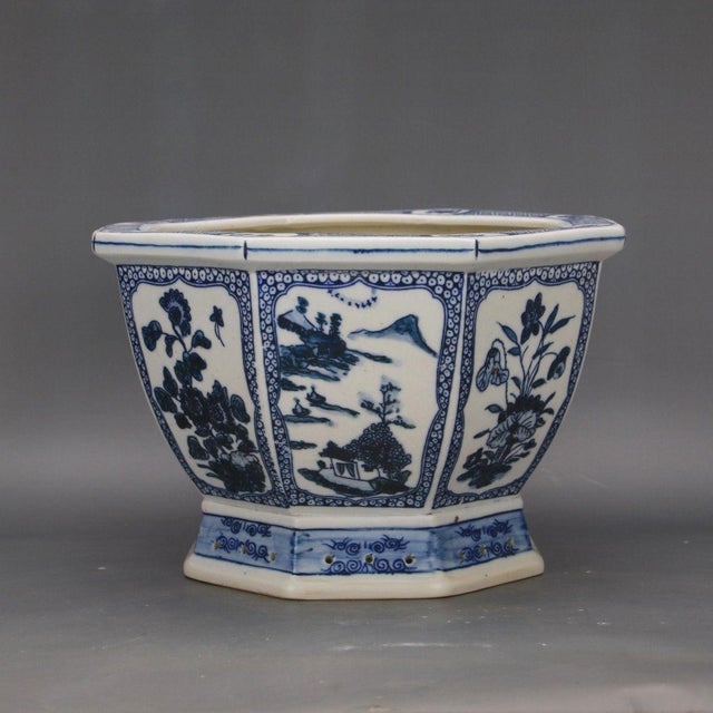 Late 20th Century Blue & White Porcelain Planter – 9.6" Octagonal Jardiniere With Landscape Motif For Sale - Image 4 of 5