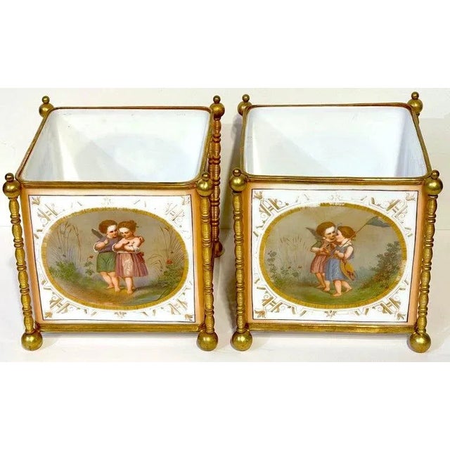 Pair 19th C. French Opaline & Gilt Bronze Aesthetic ' Fairy' Motif Cachepots France, Circa 1870s Attributed to Baccarat A...