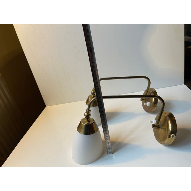 Metal Mid-Century Swedish Adjustable Wall Lamps in Brass and White Glass, 1960s, Set of 2 For Sale - Image 7 of 10