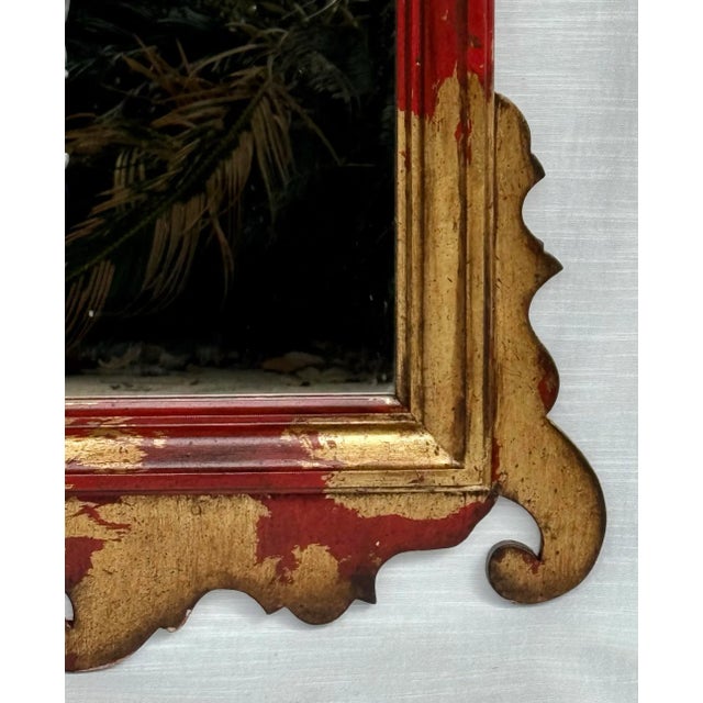 Chinoiserie Vintage Regency Style Red Parcel Gilt Chippendale Wall Mirror - Newly Painted For Sale - Image 3 of 11