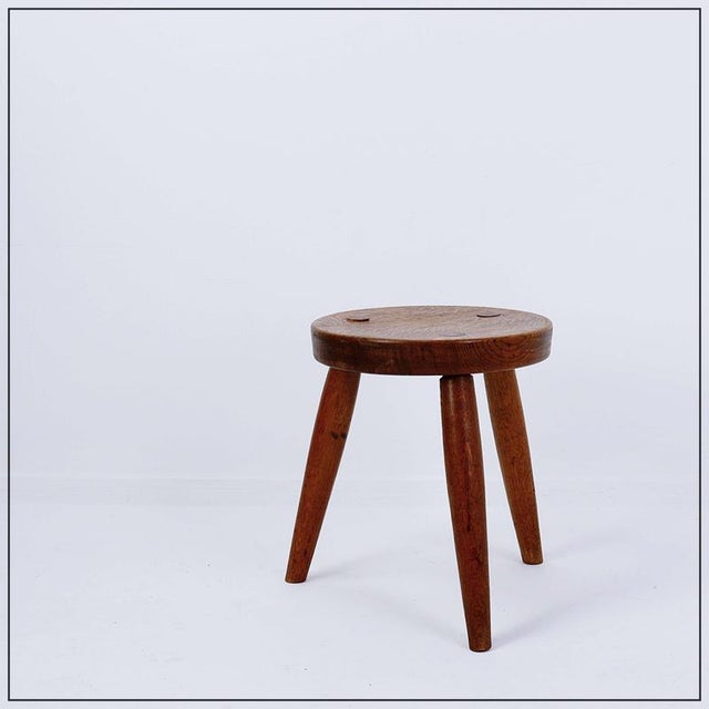Brown Brutalist Rustic Oak Tripod Stool For Sale - Image 8 of 9