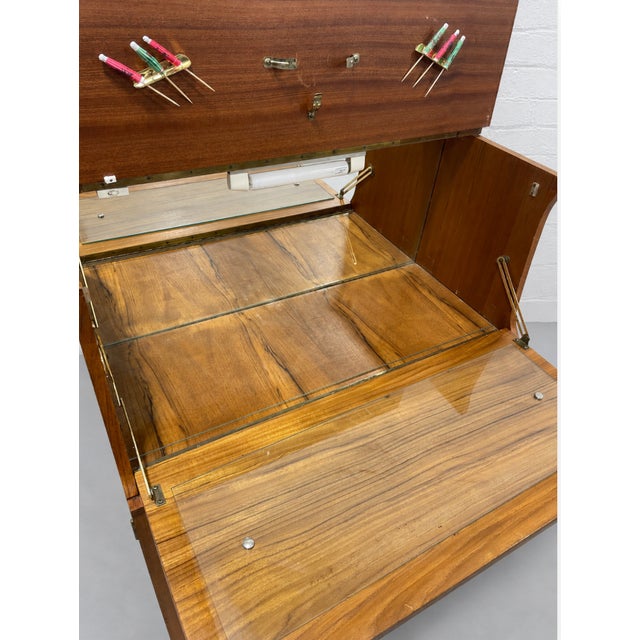 Mid Century Modern Teak Bar Cabinet | Mirrored Home Bar With Drop-Down Serving Surface, C. 1960’s For Sale - Image 13 of 14
