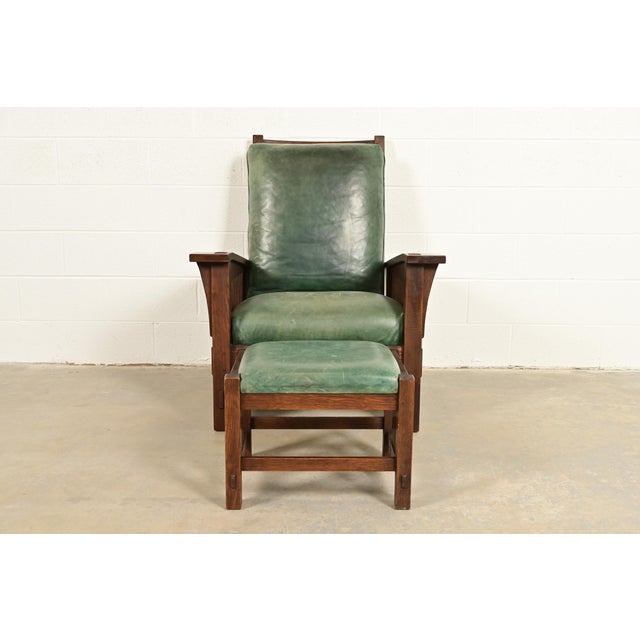 Mission Stickley Mission Oak Arts & Crafts Reclining Morris Lounge Chair With Ottoman For Sale - Image 3 of 18