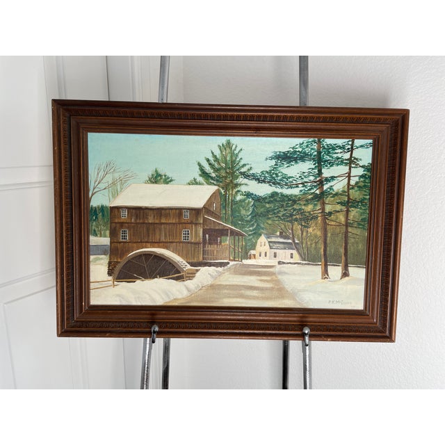 1977 original painting "Old Sturbridge Village" by Patricia McInnes. This acrylic painting on canvas board captures a...