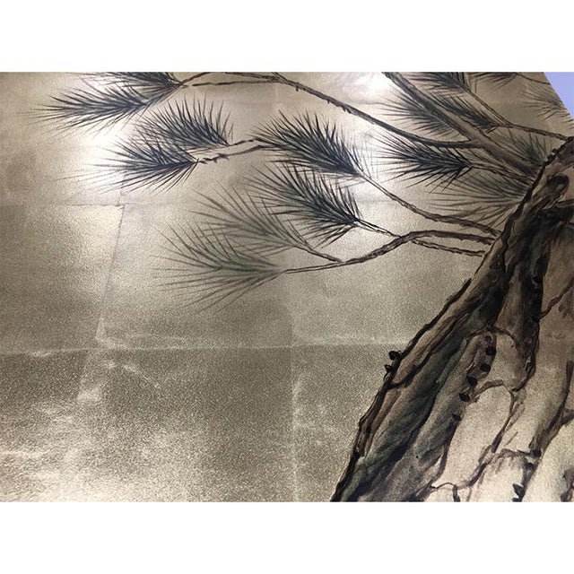 Gold Leaf Chinoiserie Hand-Painted Black Ink Pine Tree Wall Panels (Set of 4) For Sale - Image 4 of 4