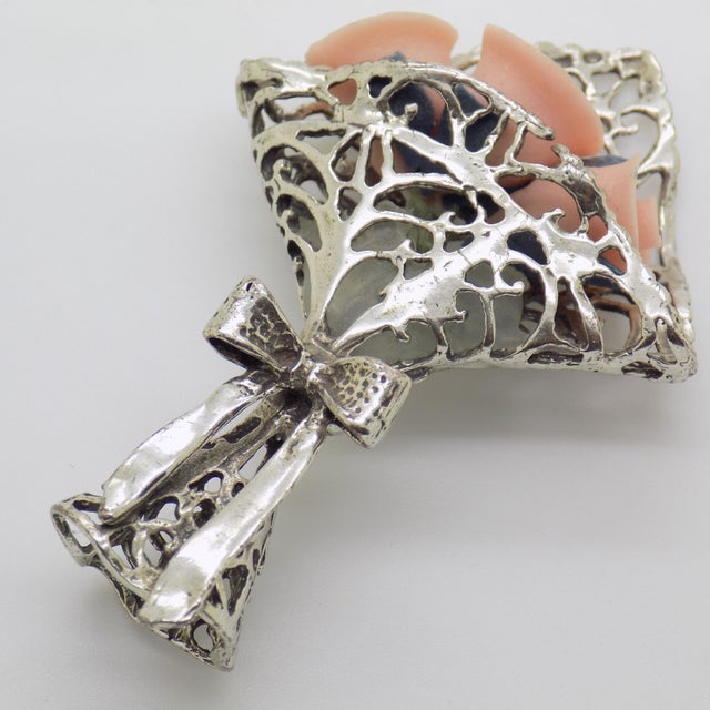1980s Vintage Italian Handmade Genuine Silver Flower Bouquet Pink Rose Flowers Dollhouse Miniature For Sale - Image 5 of 10