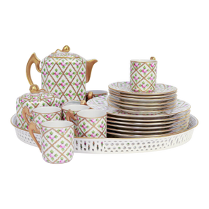 Herend Porcelain Petite Sevres Rose (Sprog) Pattern Demitasse Coffee Set & Tray