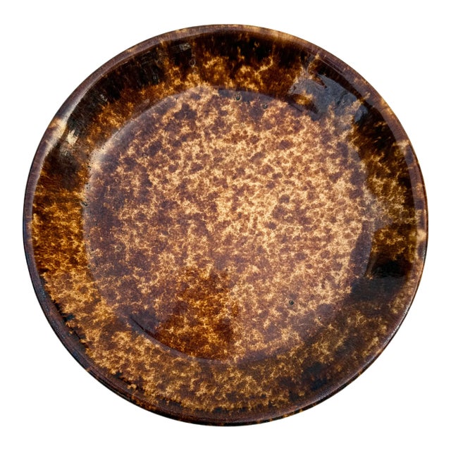 Antique Spongeware Pie Plate – Brown & Yellowware Rockingham Glaze Americana Folk Art For Sale