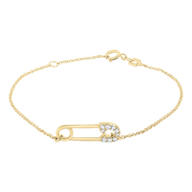 10K Yellow Gold 1/10 Cttw Diamond Paperclip Charm Adjustable Link Bracelet For Sale