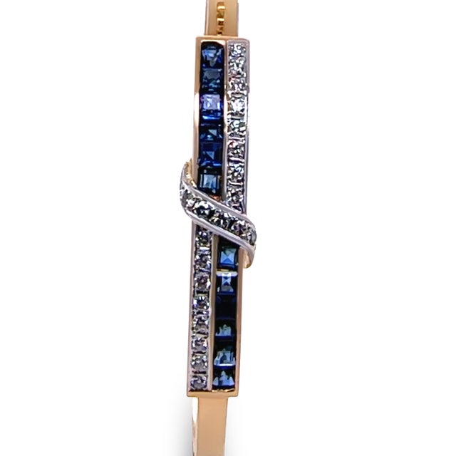 Metal 14ct Yellow and White Gold Sapphire and Diamond Hinged Bracelet 0.38ct 16g For Sale - Image 7 of 8