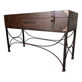 1980s Vintage Ralph Lauren Style Leather Suitcase Console Table With Brass Accents & Metal Base For Sale