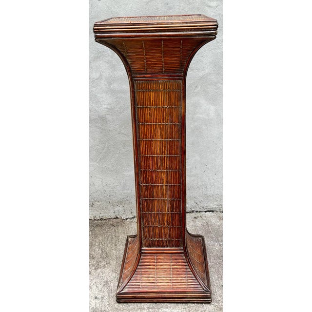 Brown 1970s Gabriella Crespi Style Pencil Reed Rattan Tortoiseshell Finish Pedestal For Sale - Image 8 of 11