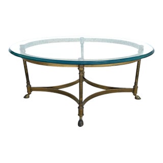 Vintage LaBarge Oval Brass Hoof Footed Glass Top Coffee Table For Sale