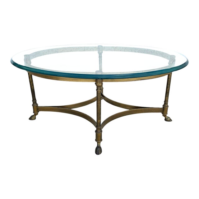 Vintage LaBarge Oval Brass Hoof Footed Glass Top Coffee Table For Sale