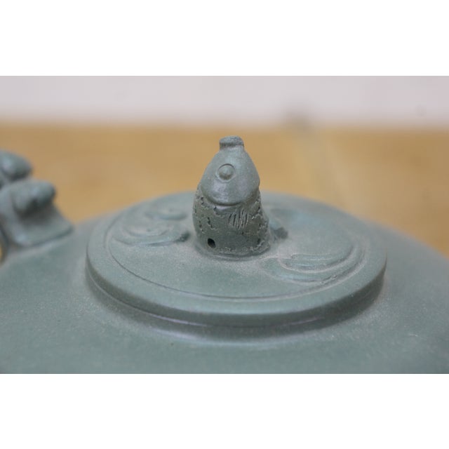 Vintage Chinese Yixing Zisha Green Clay Dragon Koi Fish Kung Fu Teapot 5.5" For Sale - Image 14 of 15