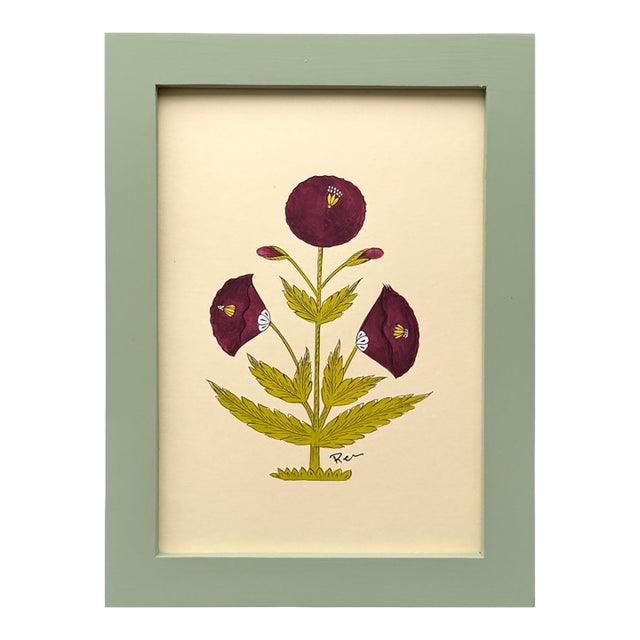 Original Hand-Painted Deep Burgundy and Green Motif Painting in a Hand-Painted Frame For Sale