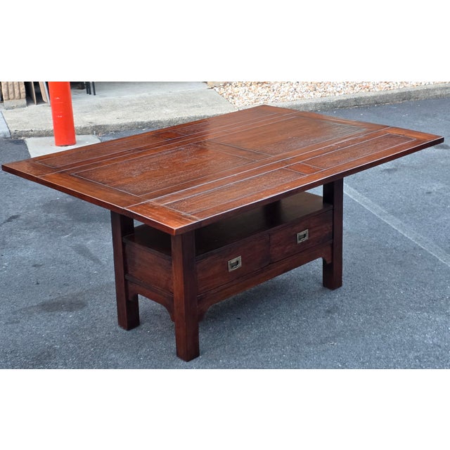 Wine Country Craftsman American Craftsman Style Rustic Oak Drop-Leaf Console/Dining Table, Imported From Bulgaria by Crate & Barrel Co., 2005 [Unsigned] For Sale - Image 4 of 15