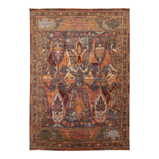 10x14 Modern Bidjar Style Abstract Floral Wool Area Rug in Slate & Burnt Orange For Sale