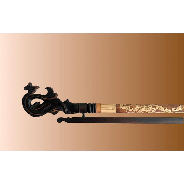 Vintage Balinese Carved Fruitwood and Bamboo Fabric / Tapestry Wall Hanger, Indonesia For Sale In Tampa - Image 6 of 9