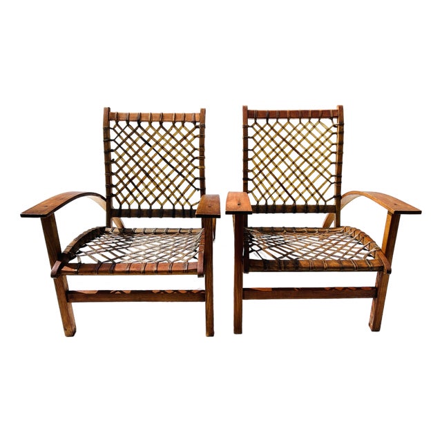 Adirondack Modern, Vermont Tubbs, Rawhide Strapped Chairs (2), c.1965-1975. Snow Shoe Chairs For Sale