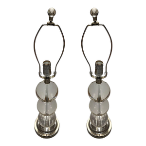 Mid-Century Stacked Graduating Crystal Ball Table Lamps With Chrome Base, Pair