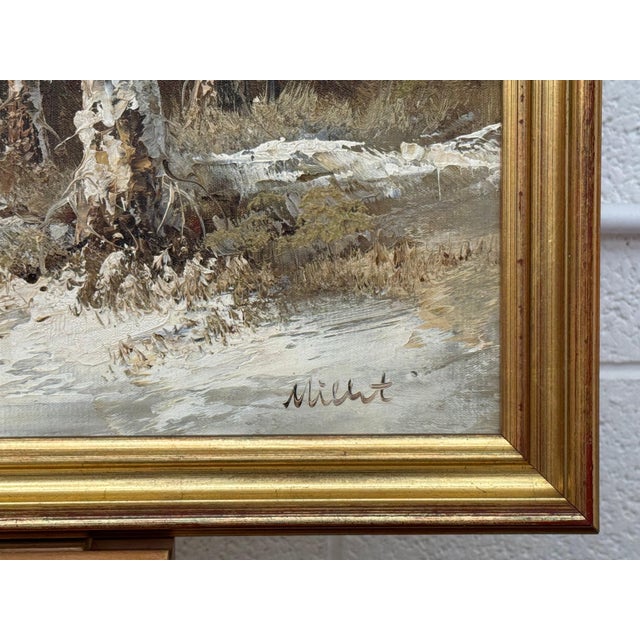 Textile Snowy Cabin in the Woods - A Serene Winter Landscape Vintage Oil Painting 1975 Circa For Sale - Image 7 of 12