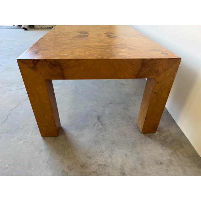 Brown 1970’s Milo Baughman Style Parsons Burl Wood Rectangular Coffee Table For Sale - Image 8 of 12