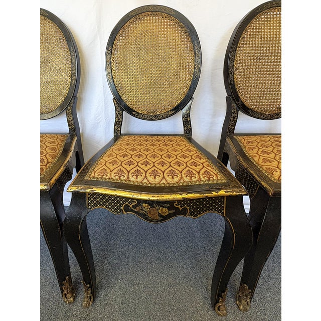 Late 19th Century Antique English Chinoiserie Lacquer Chairs With Cane Backs and Brass Sabots- Set of 4 For Sale - Image 5 of 18