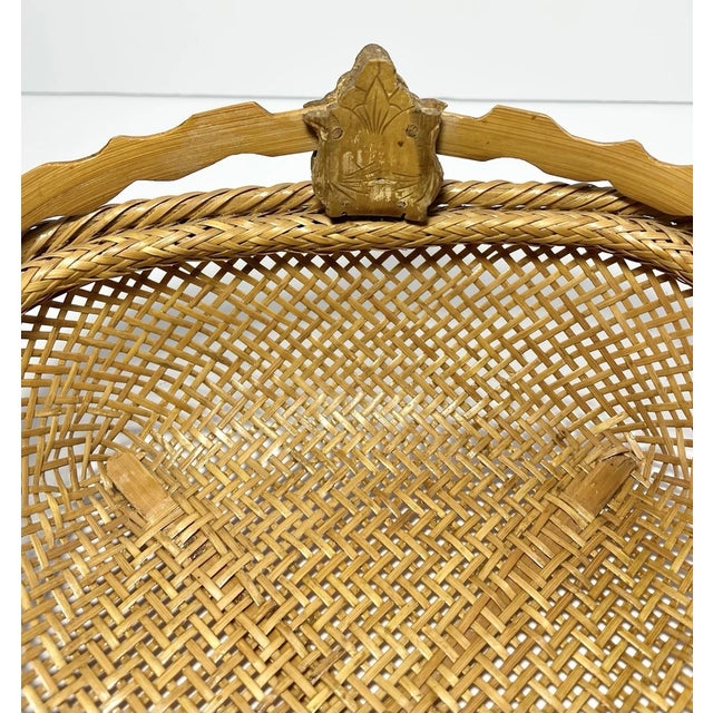 Wood Vintage American Handmade Woven Rattan Wicker Gathering Handled Basket For Sale - Image 7 of 11