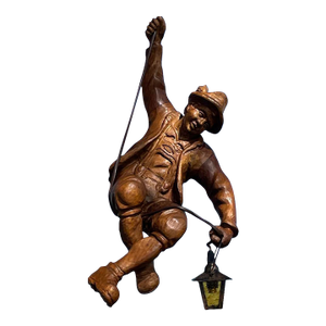 Vintage 1960's Carved Wooden Pendant Lamp Mountain Climber & Lantern