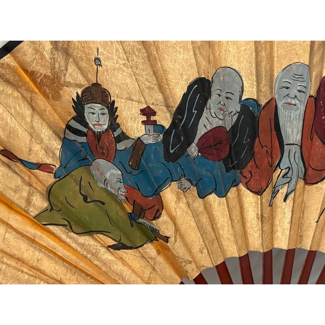 Japanese Vintage Japanese Hand Painted Gold Fan With Seven Figures For Sale - Image 3 of 7
